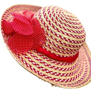 August Red & White Gingham Straw Brimmed Vintage Hat